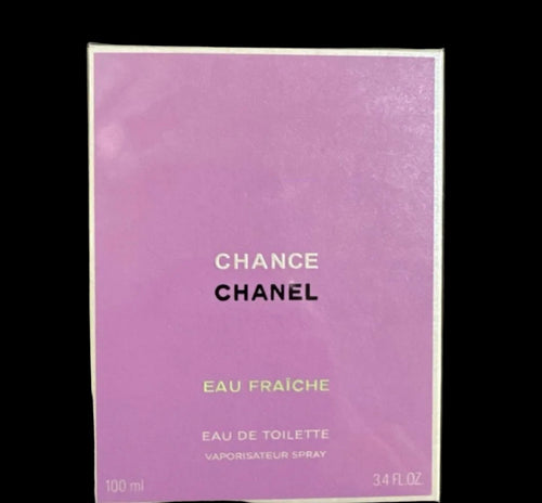 Chanel Chance Eau Fraçèche perfume bottle packaging with purple label.